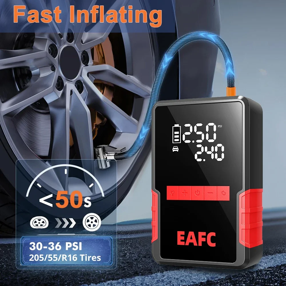 AFC 2000A 4-in-1 Auto-Starthilfe mit 150PSI Luftkompressor, 8000mAh tragbarer Auto-Batterie-Booster, intelligente Sicherheitsklemme, Notfall-Powerbank mit LED-Licht