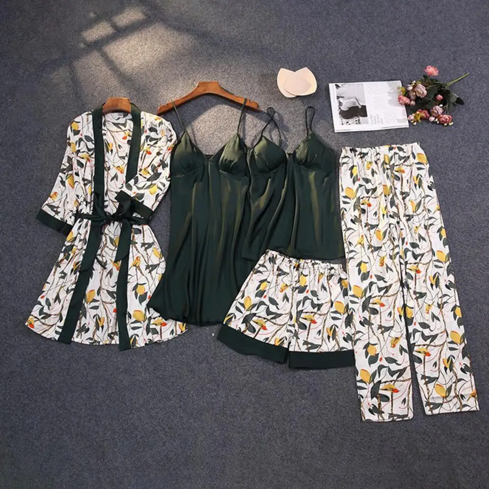 5 Pcs/Set Women Pajamas Suit Nightgown Top Shorts Pants Set Silky Flower Detachable Chest Pads Lace-up Waist Thin Homewear Set