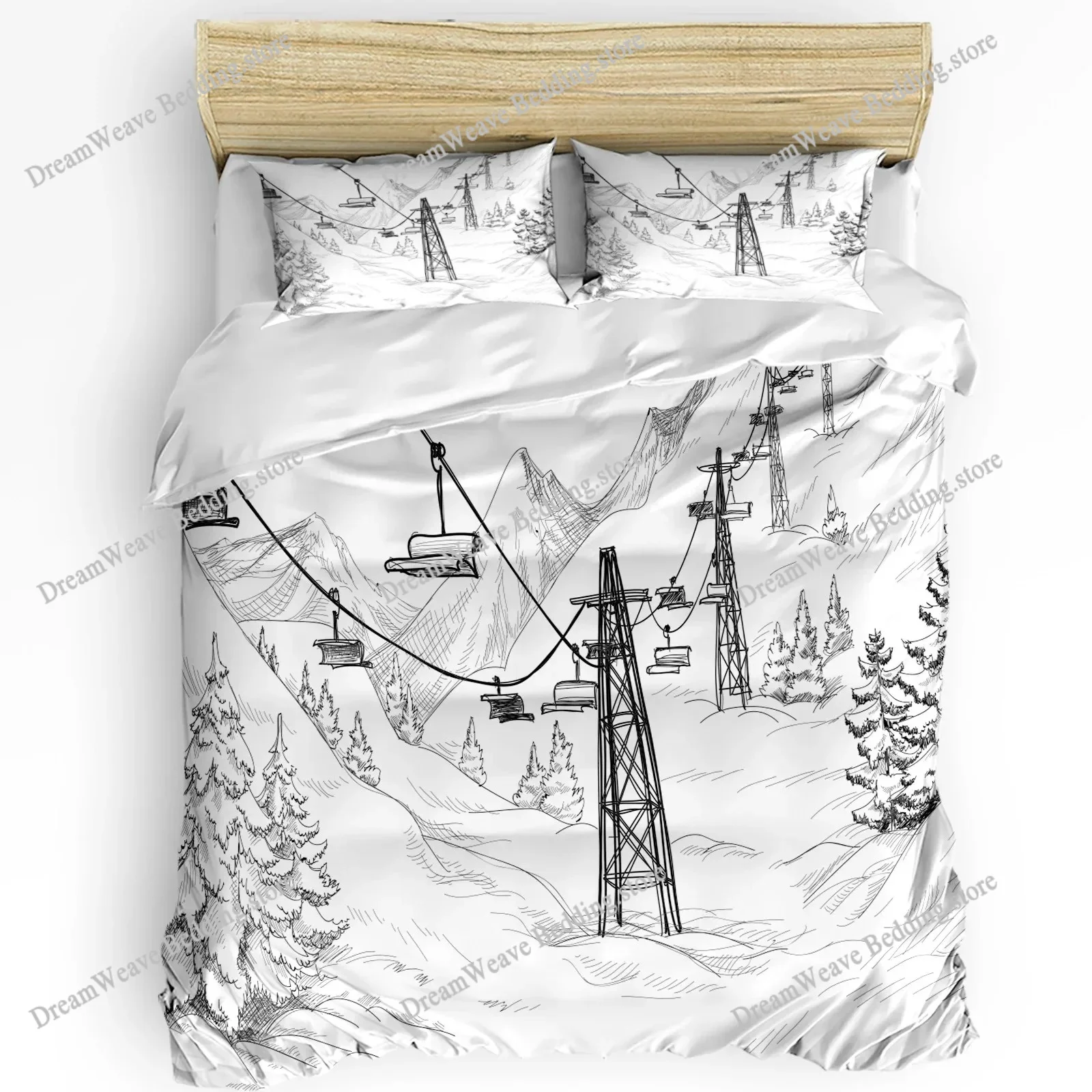 Bedding Set White Snow Cable Car Ski Mountain Sketch Duvet Cover Pillow Case Boy Boys Teen Girl Bedding Covers Set