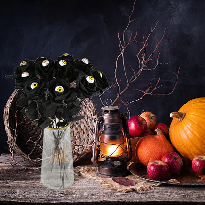 5P هالوين الورود السوداء زهرة اصطناعية مع مقلة عين واقعية طويلة الجذعية باقة الورد الأزهار هالوين ديكور المنزل الطرف