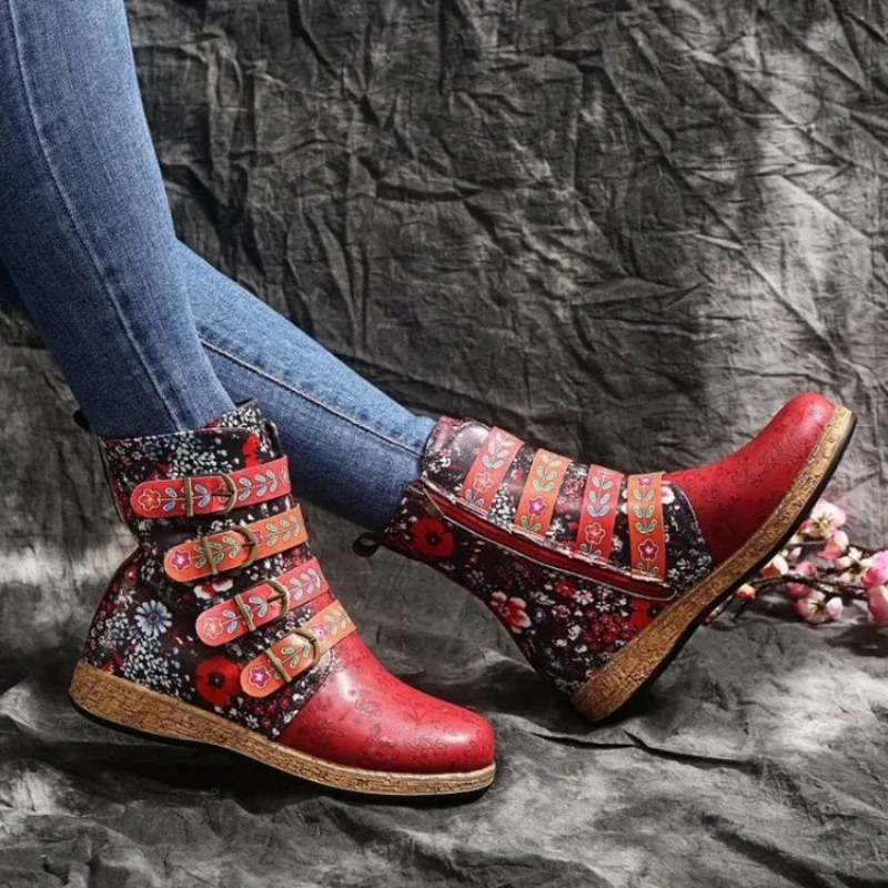 

Women's Boots Leather New Socofy Women's Vintage Print Metal Buckle Soft Leather Zipper Ankle Boots Women's Shoes Botines Mujer