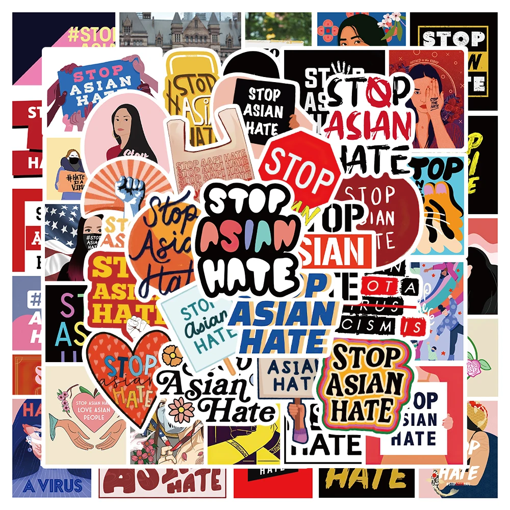 50pcs Stop Asian Hate Slogan Graffiti Stickers For Luggage Laptop Water Bottle Bicycle Car Waterproof Decals