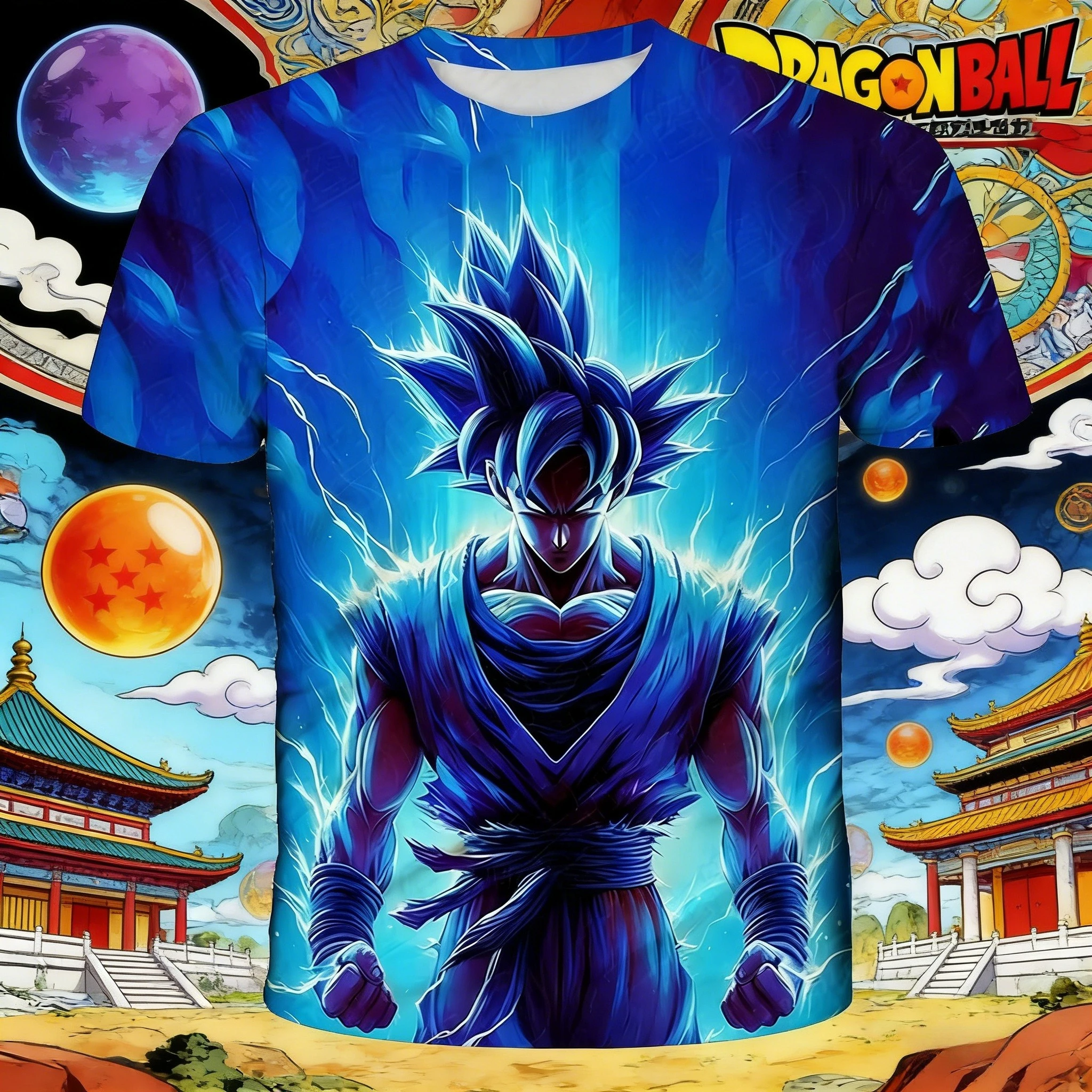 2026 Summer Dragon Ball Goku Super Saiyan Blue T-Shirt, 3D Lightning Print Polyester Oversized Loose Sports Tee for Men Kids Y2k