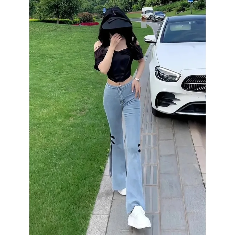 With Slits Stretch  Female Cowboy Pants Women's Jeans Korean Popular Clothes 2025 Fashion South Korea Cheap Top Selling Trousers