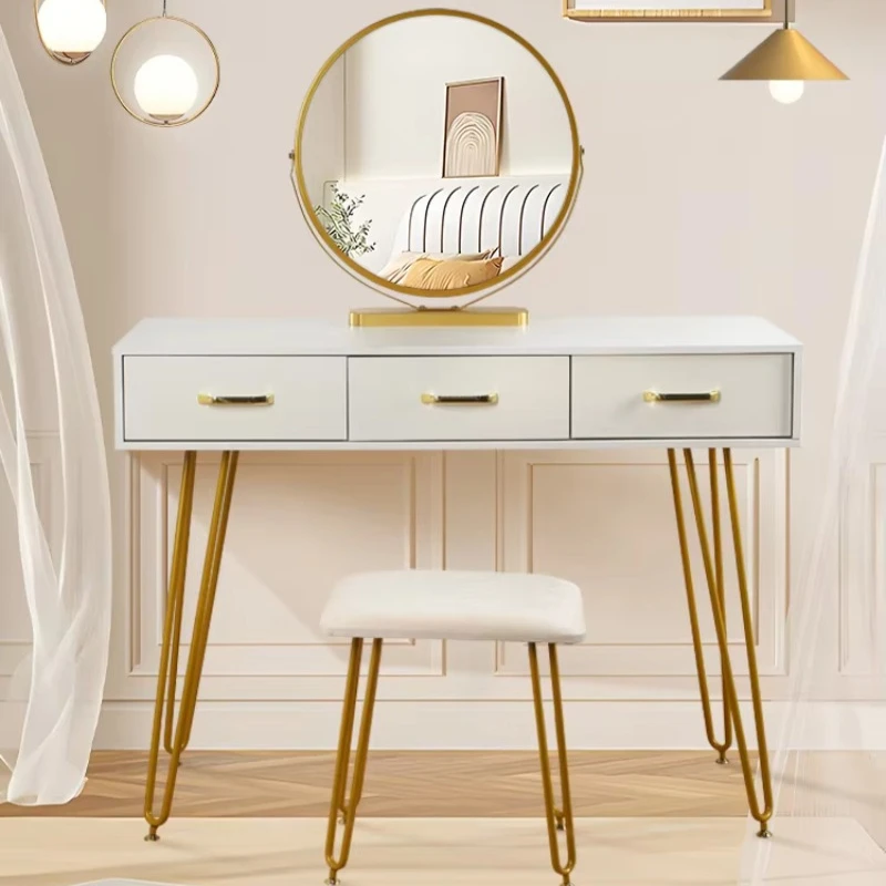 Home Use Modern Simple Storage Dressing Table Led Small Mirror  Makeup Vanity Solid Wood Bedroom Bucket Cabinet Drawer