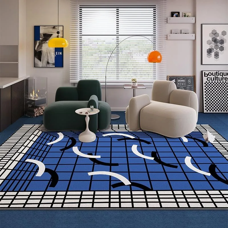 

Living Room Floor Mat Retro Blue Plaid Carpet Bedroom Bedside Mats Machine Washable Foldable Imitation Cashmere Large Area Rug