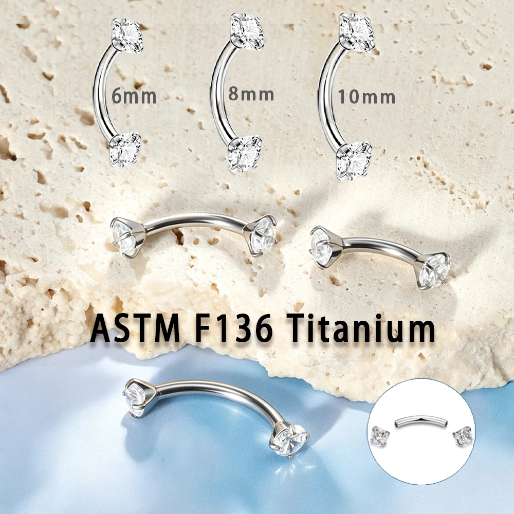 50pcs/lot Titanium Curved Eyebrow Barbell 1.2mm Gauge Double Round CZ Eyebrow Ring 6/8/10mm Tragus Lip Piercing Stud