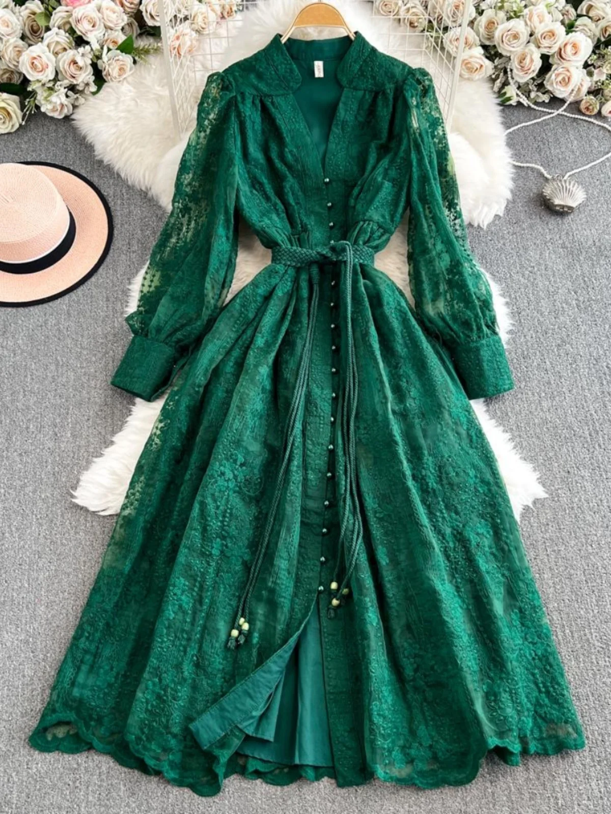 

Retro Court Sle Embroidered Long Lace Dr Women's High Waist Slimming Heavy Embroidery A-Line Skirt Commute Friendly