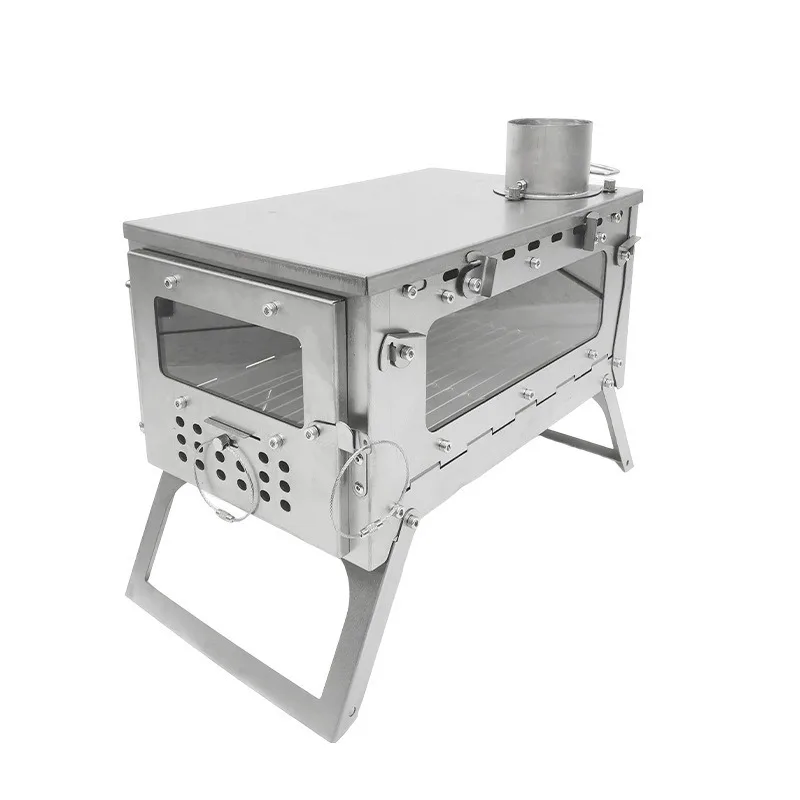 

Stainless steel, single glass, foldable, portable wood stove