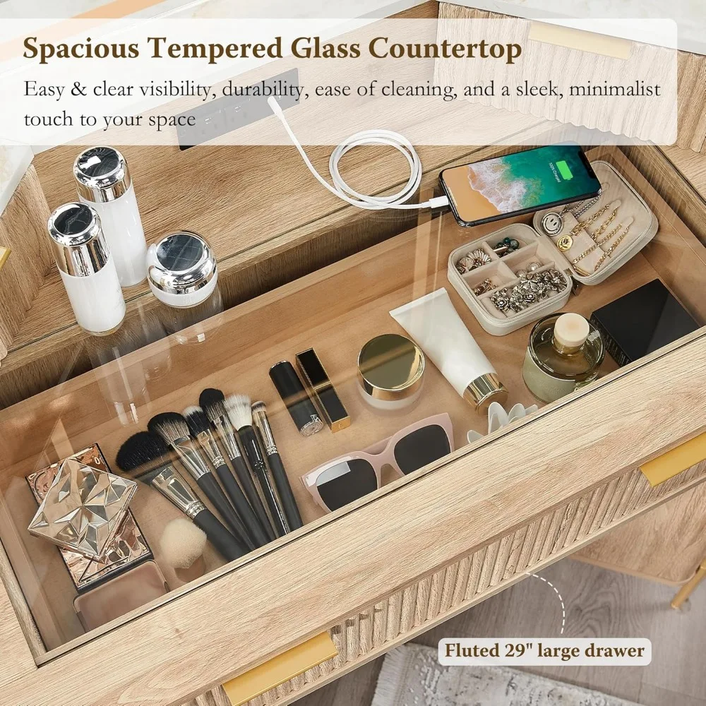 Escritorio de tocador de esquina grande con diseño estriado, triple espejo HD y tapa de cristal para tocador moderno