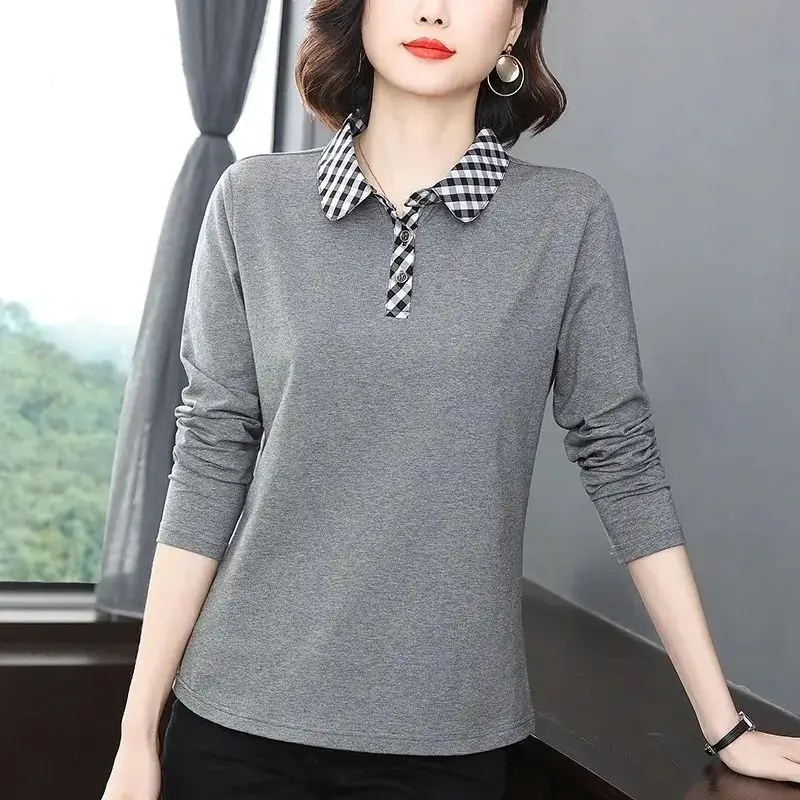 Spring Autumn Winter Pure Cotton Long Sleeve T-shirt Women\'s Loose Large Polo Collar Plaid Bottom Shirt Button Pullover Tops