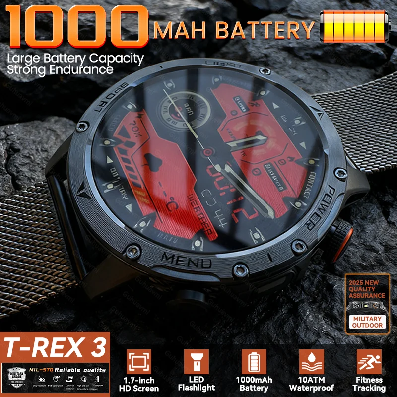 

New T-REX3 Outdoor 1000mAh Battery Smart Watch 1.7" Large Screen Flashlight 10ATM Waterproof Call Sports Fitness Men Smartwatch