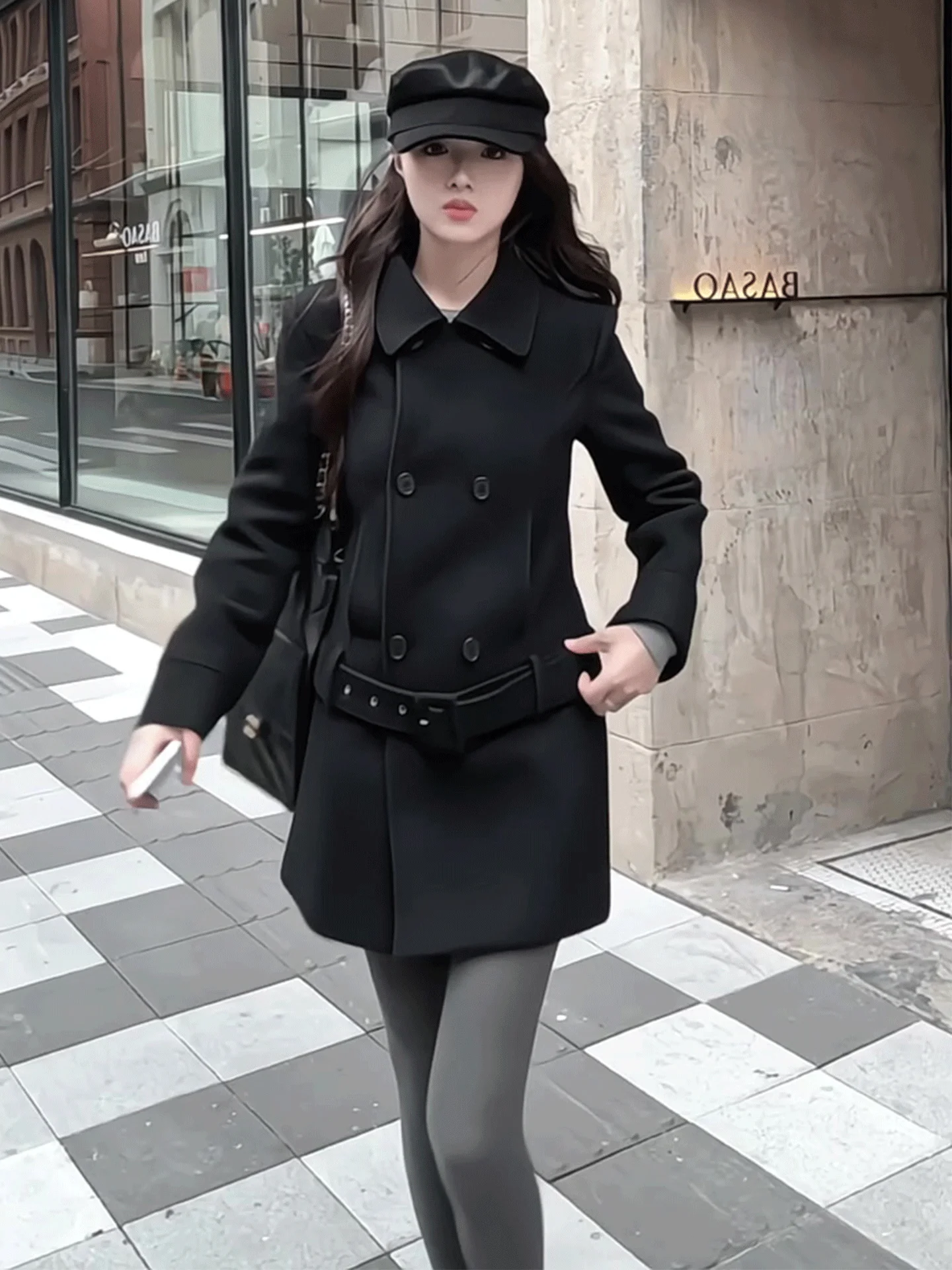Warm Woolen Coat for Women Double Row Buttons Medium Length Fashionable Spring New Style Korean Style Long Sleeve Coat