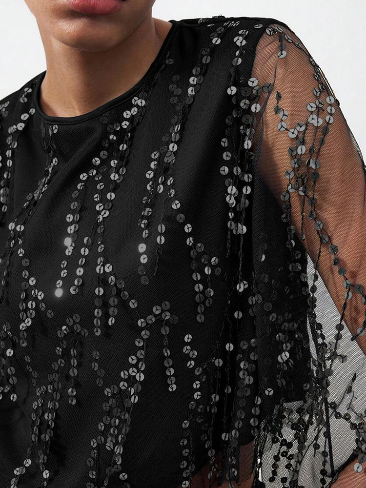 

Hot Girl Fashion Mesh Hollow Out Sequins Tops Casual Irregular Long Sleeve Loose Cover-up Elegant O-neck Glitter Party Clothing