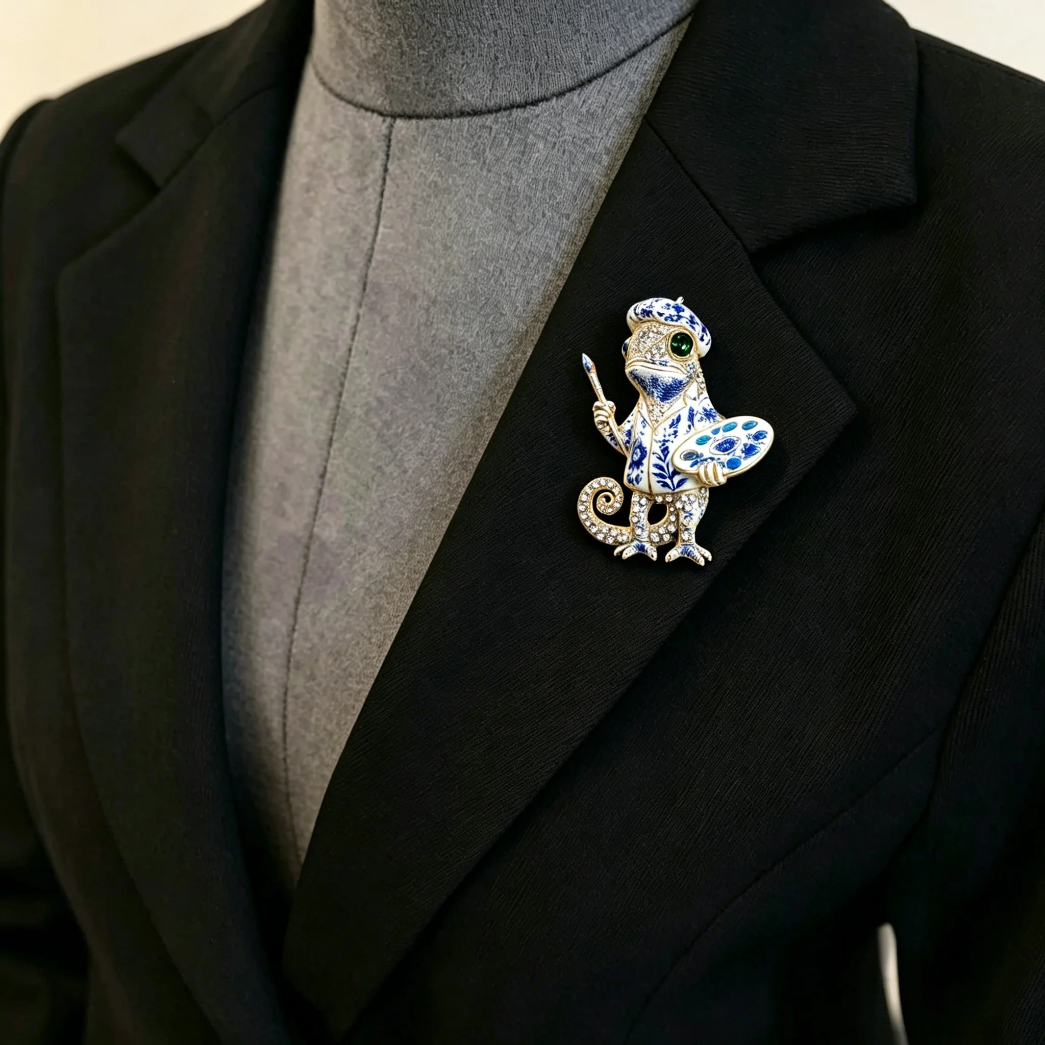 Essh&Pule Enamel Chameleon Painter Brooch Rhinestone Multicolor Beret Palette Brush Lapel Pin Suit Scarf Women Art Jewelry Gift