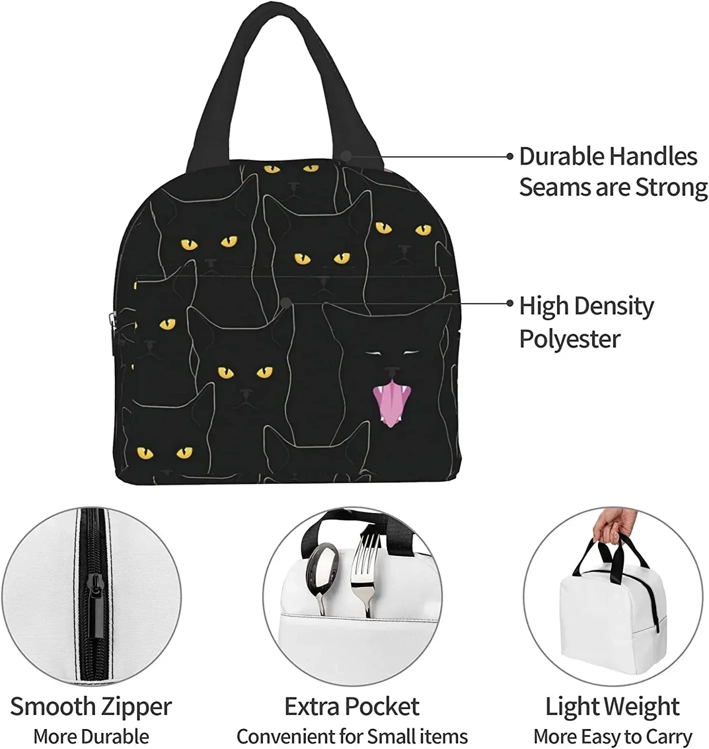 

Black Cats Insulated Lunch Bag for Women Men Reusable Leakproof Tote Bag with Front Pockets Cooler Bag Work Office Beach Hiking