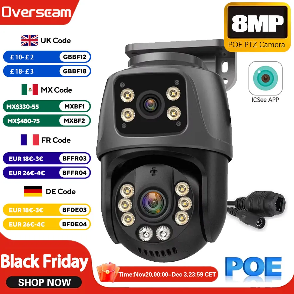 4k 8mp poe câmera de vigilância de rede ptz câmera ip onvif lente dupla áudio em dois sentidos detecção humana segurança ao ar livre icsee xmeye