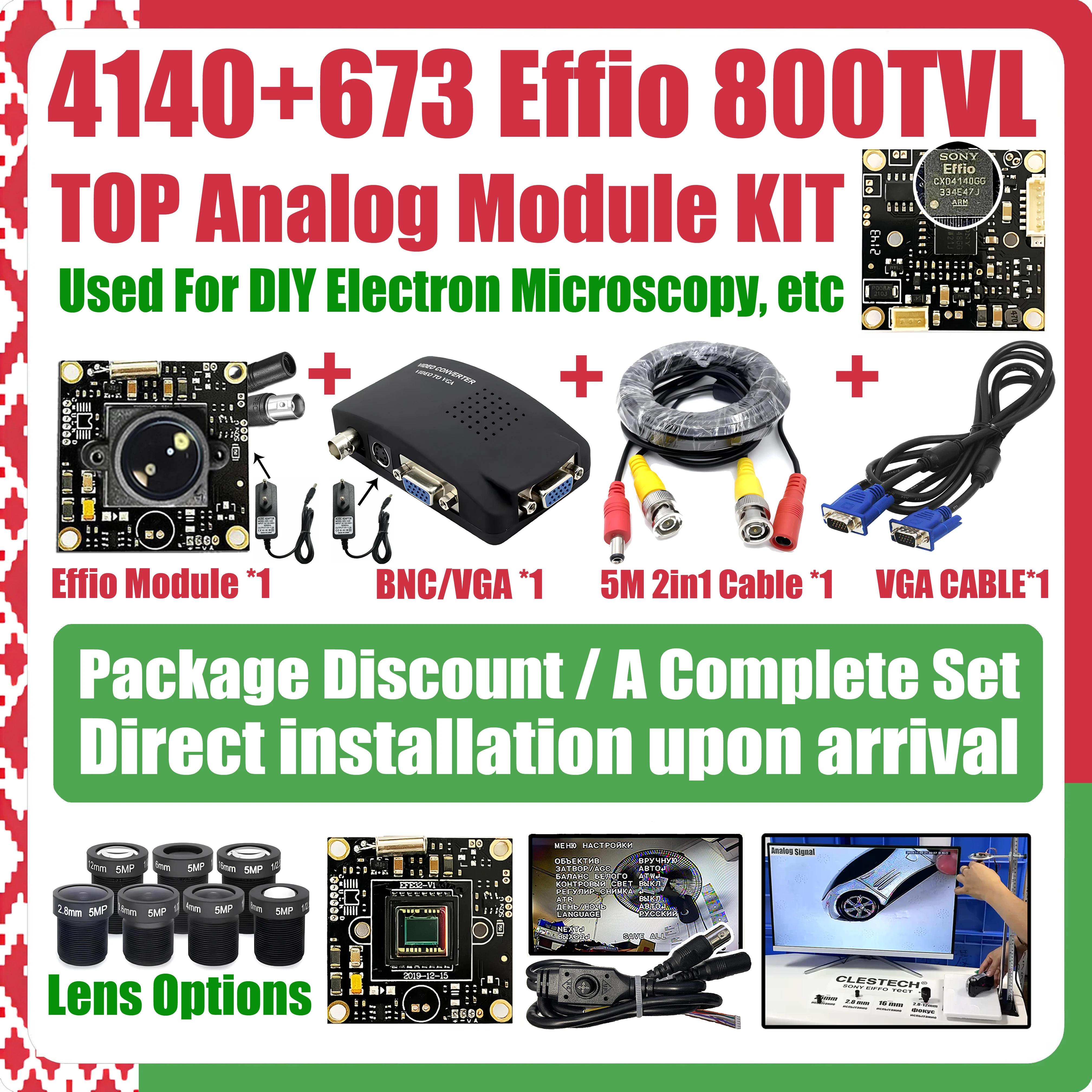 Full Set DIY Microscope Kit SONY EFFIO Module 4140+673 1/3”CCD 800TVL Analog HD CHIP CCTV Camera+All Power+BNC to VGA+BNC Cable