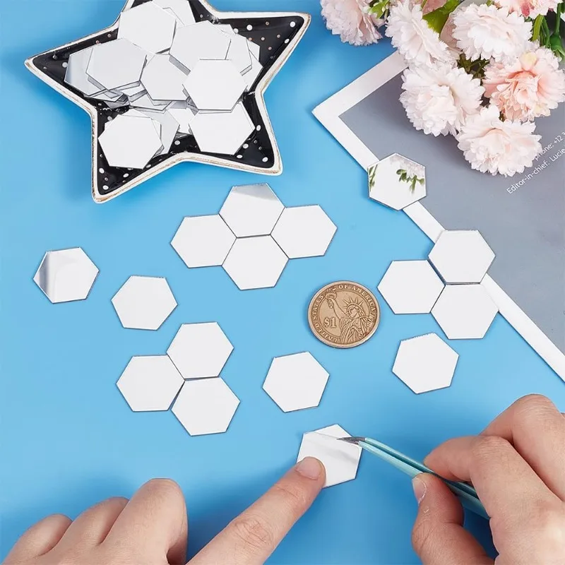 

300Pcs Self-Adhesive Hexagon Mosaic Tiles 46*40*23mm Mirror Tiles 0.8mm Thick Mini Acrylic Mirror Tiles Silver DIY Mini Mirrors