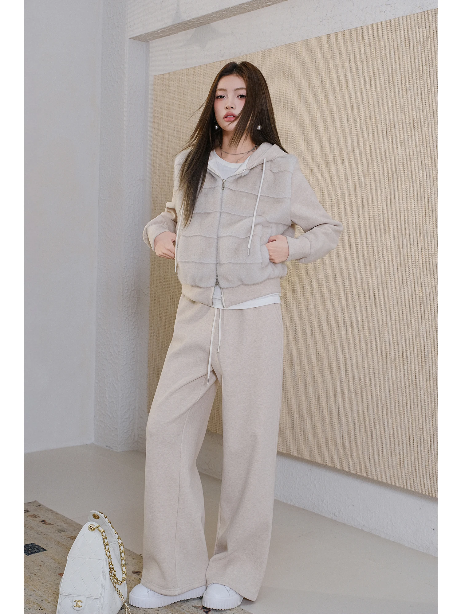 

MIUCO Thickened Hooded Faux Fur Sweatshirt And Pants Set Casual Warm Eco-friendly Women's Fashion Ensemble High Waist Drawstring
