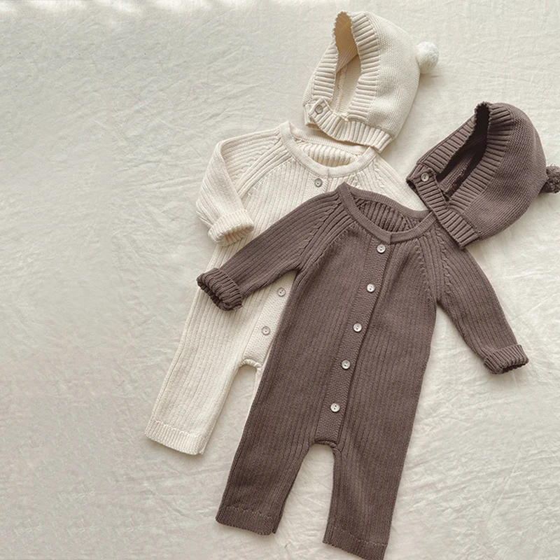 Korean Style Newborn Baby Boys Girls Jumpsuit+Hat Long Sleeve Knitting Solid Color Romper Spring Autumn Baby Boys Girls Clothes