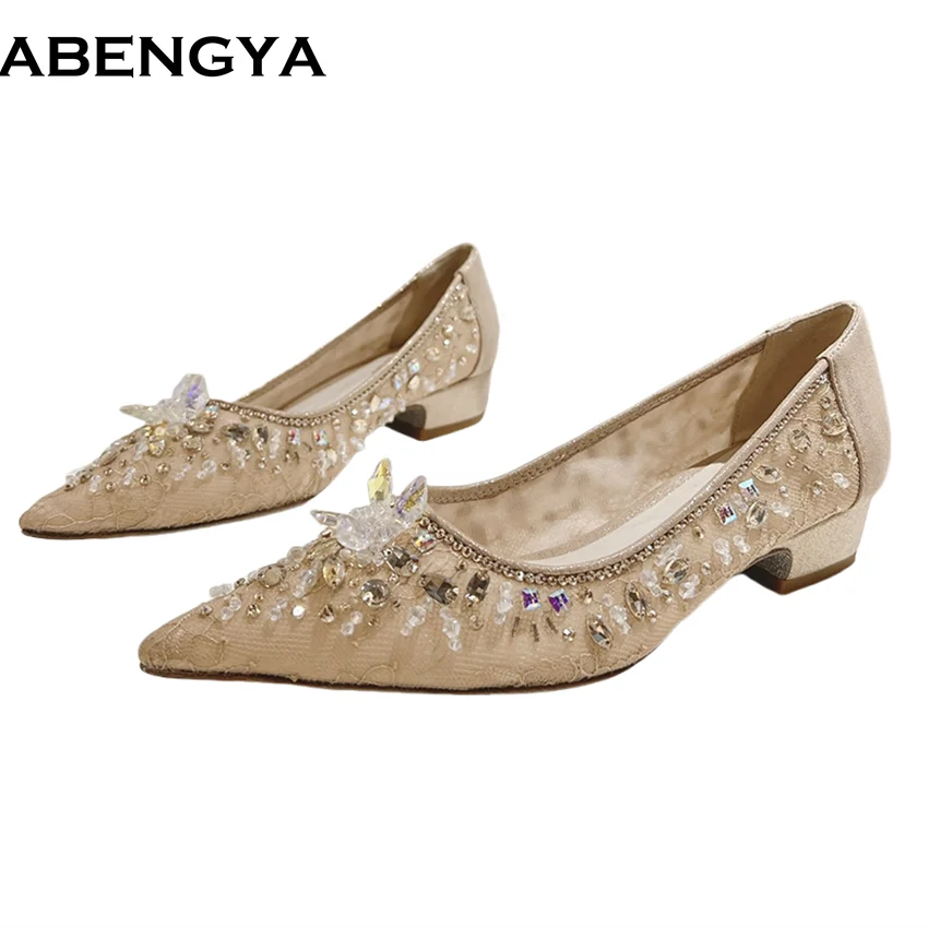 

Fashion Mesh Low Heels Women Pumps Crystal Decor Party Shoes For Woman Point Toe Stiletto Rhinestone Sandals Women Loafers