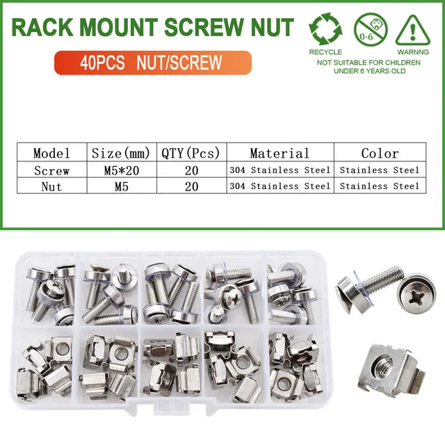 M5 M6 Cage Nuts Bolts Washers Metric Square Hole Hardware Server Rack Screw Mount Clip Nuts Assortment Kit Set