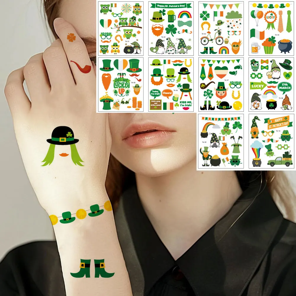 

10 Sheets St Patrick’s Day Theme Party Tattoo Shamrock Coin Waterproof Face Body Stickers for Irish Saint Party Decoration
