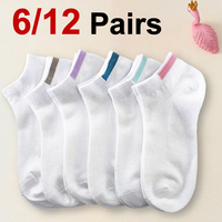 6/12 Pairs Women White Short Socks Fashionable Pure Color Striped Socks Comfortable Soft Breathable Girls Casual Socks﻿