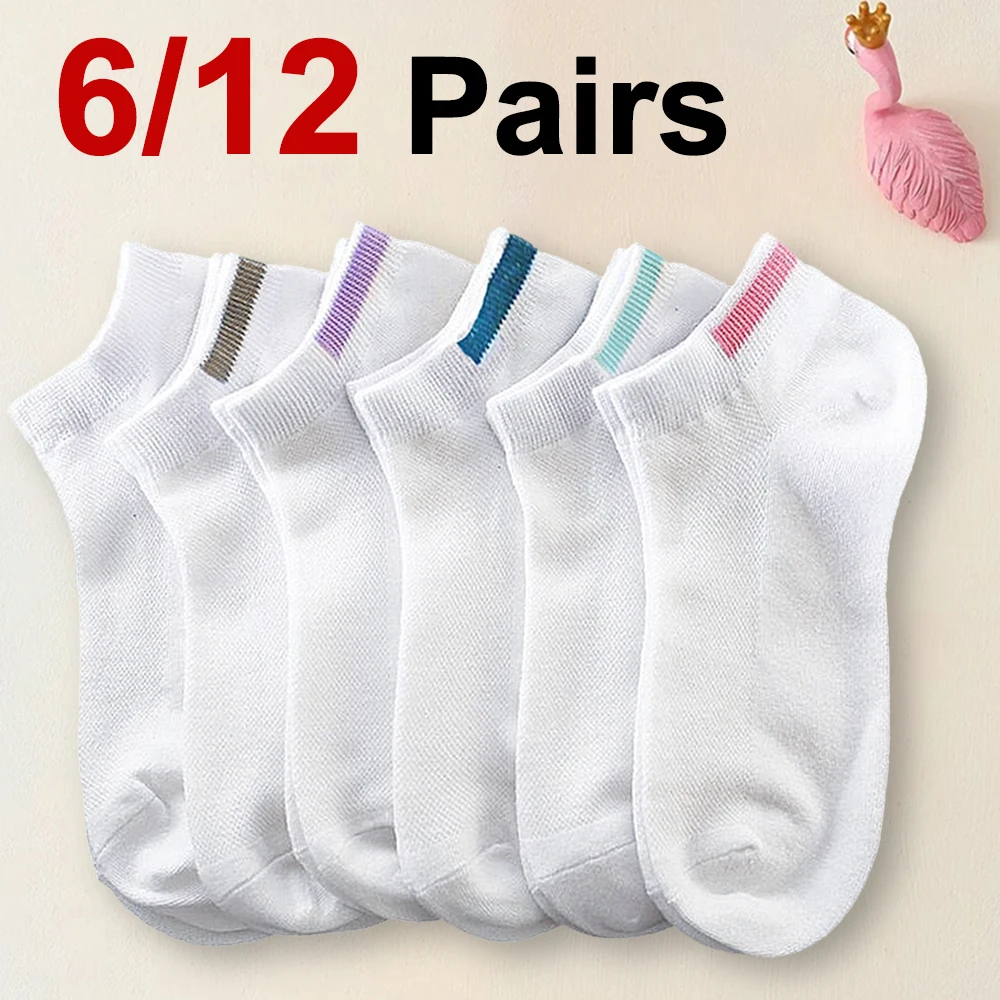 6/12 Pairs Women White Short Socks Fashionable Pure Color Striped Socks Comfortable Soft Breathable Girls Casual Socks﻿