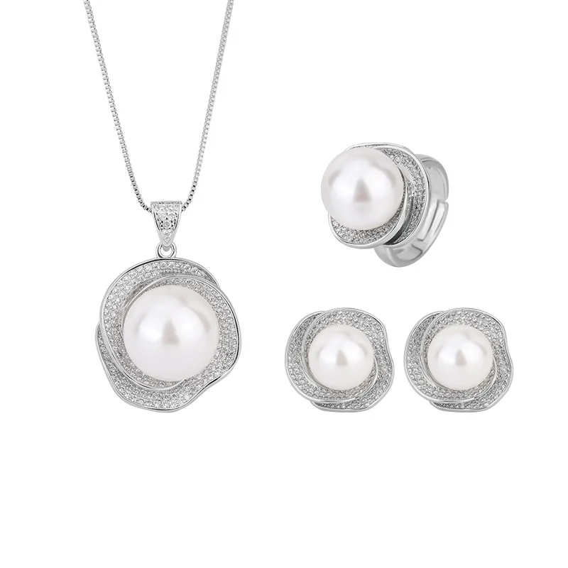Jewelry White Shell Pearl Rose Flower Geometric Diamond-Studded Independent Packaging Ring Pendant Earring Set