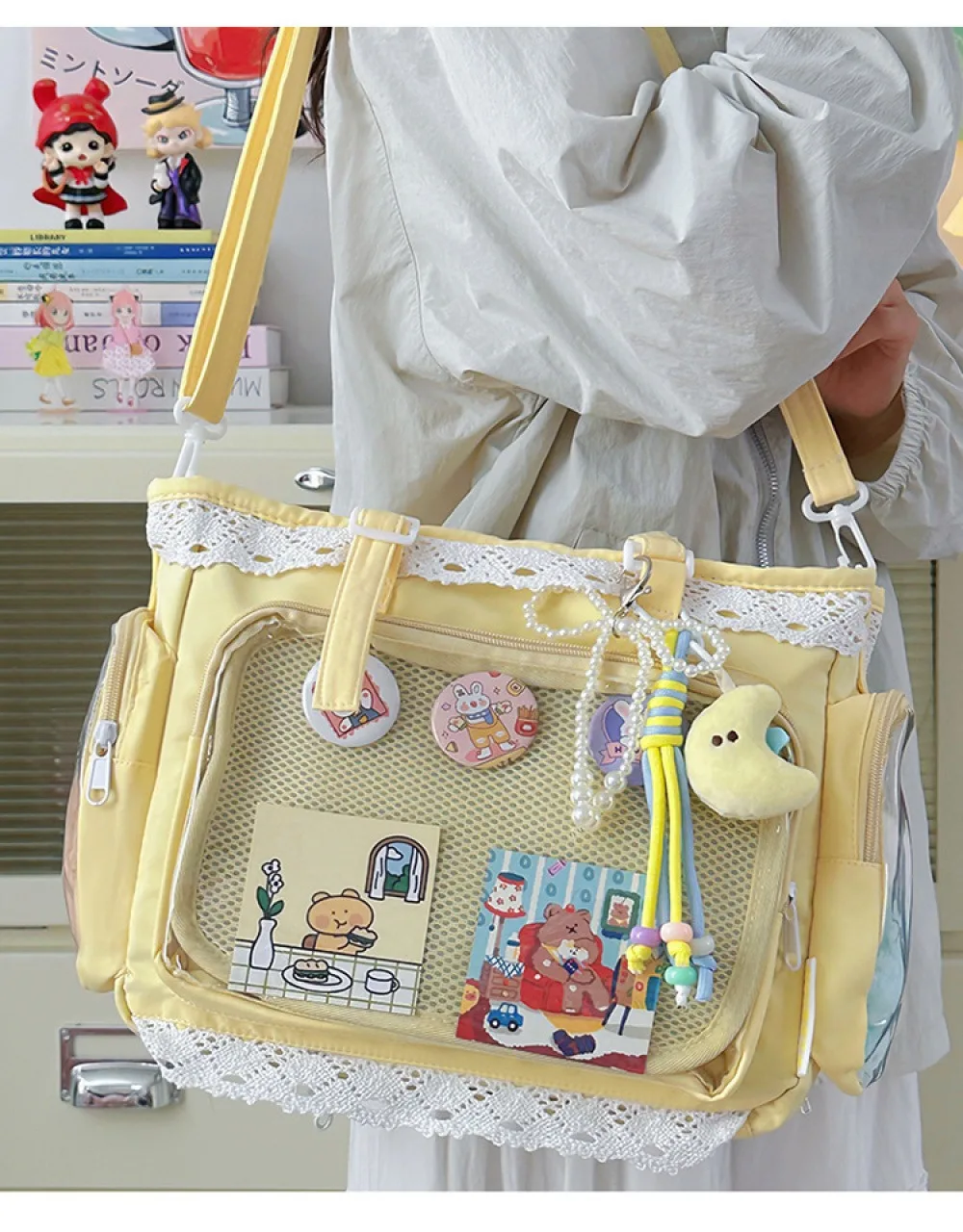 Kawaii Gelbe Spitzen-Ita-Tasche, Große Kapazität, Transparentes Fenster, Anime-Pin-Display, Schultertasche, Lolita Niedliche Handtasche für Comic-Con – Detail 9