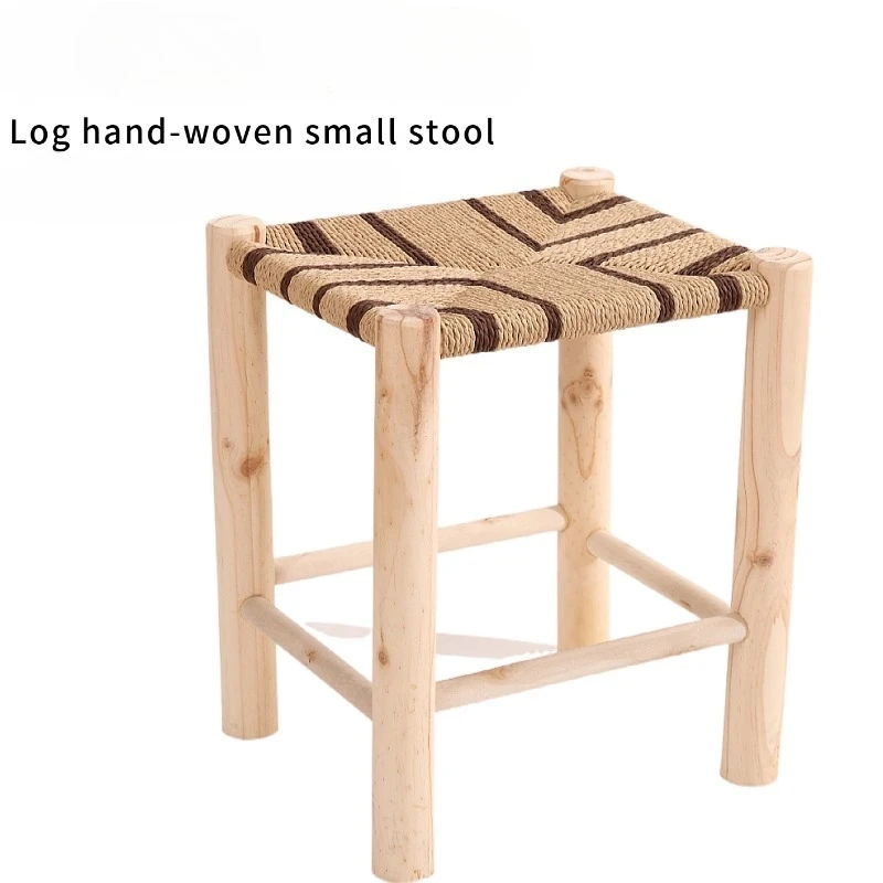 Modern Handmade Rope Woven Solid Wood Stool Living Room Side Tea Table Mortise-Tenon Dining Chair Vanity Bench