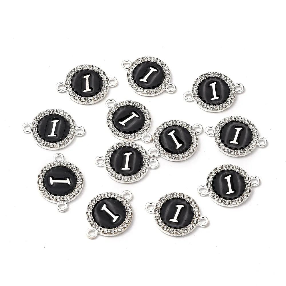100pc Metal Enamel Links Connectors with Crystal Rhinestones Flat Round with Letter Silver Color Plated Letter for DIY Jewelry