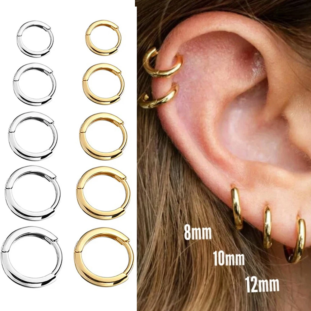 Brincos de argola pequenos em aço inoxidável para homens e mulheres, cor do ouro, círculo preto, anel grosso, Huggie Hoop Piercing, 2 peças por