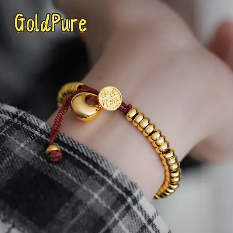 

Goldpure Men and Women 9999 24K Real Gold New Chinese Smooth Gold Lump Peace Joy Money Wrapped Red Rope Bracelet Simple China-Ch