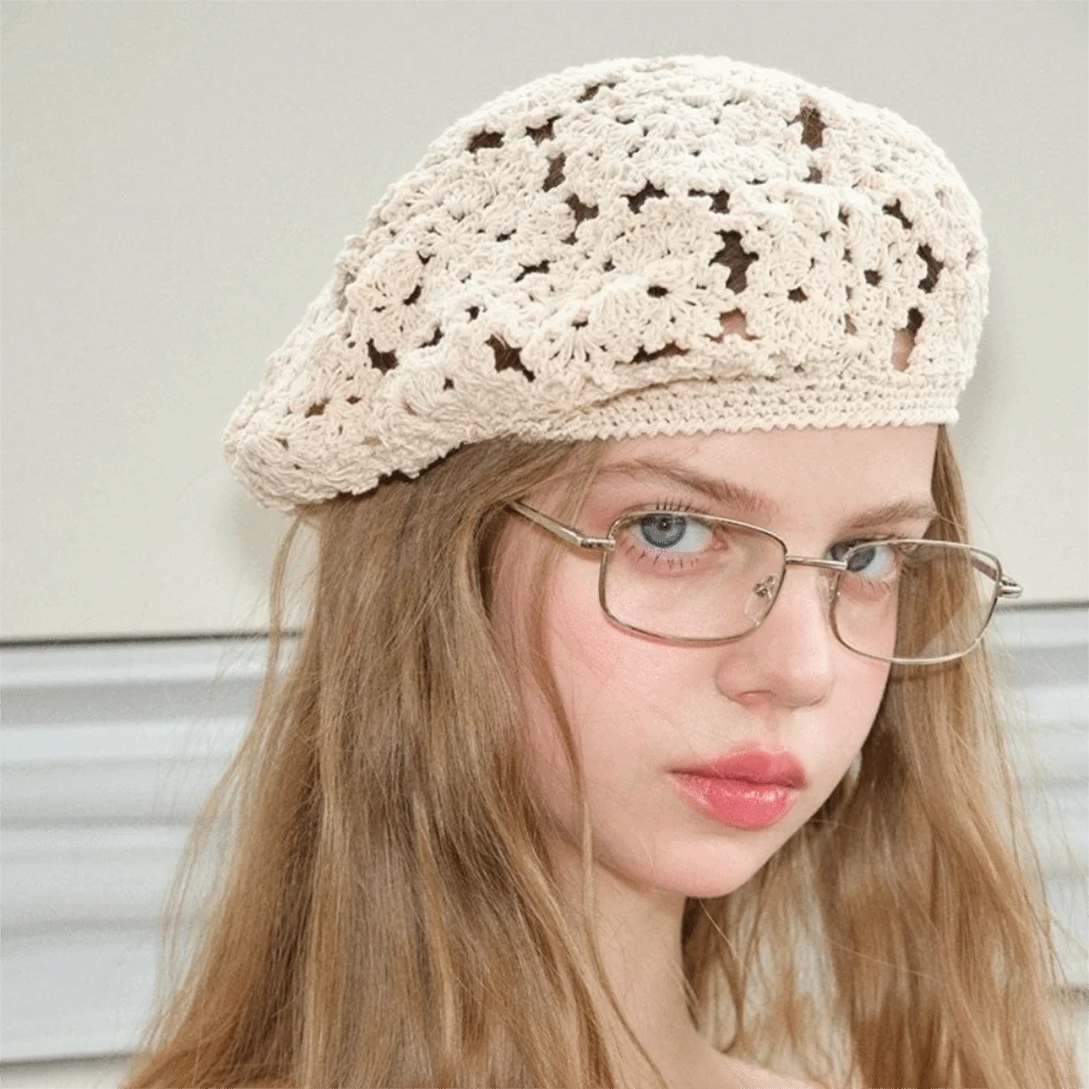 Elegant Breathable Flower Hat Thin Japanese Style Hollowed Out Beret All-match Headgear Crochet Knitted Cap Holiday