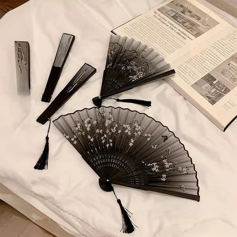 New Retro Ink Orchid Silk Folding Fan New Chinese Style Ancient Lotus Hand Fans Close Friend Gift Classic Hanfu Decorated Crafts