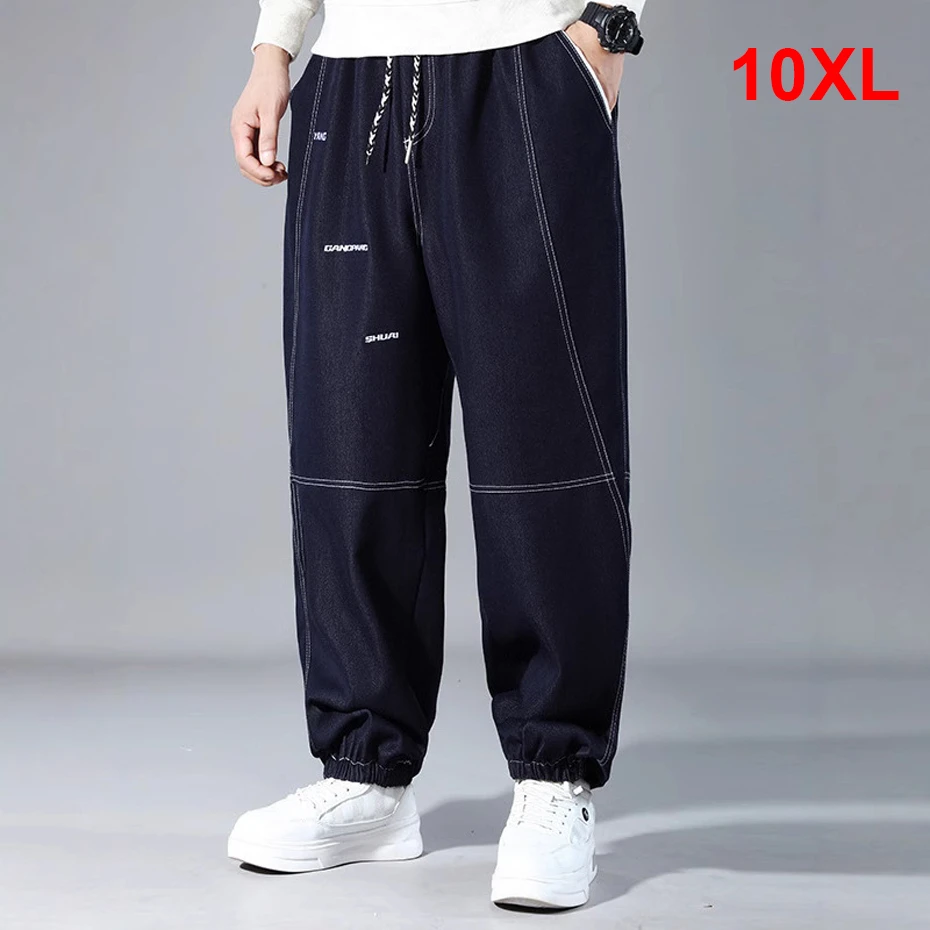 Celana Denim Ukuran Besar 10XL Pria Celana Jeans Jogger Fashion Kasual Desain Bordir Celana Denim Pria