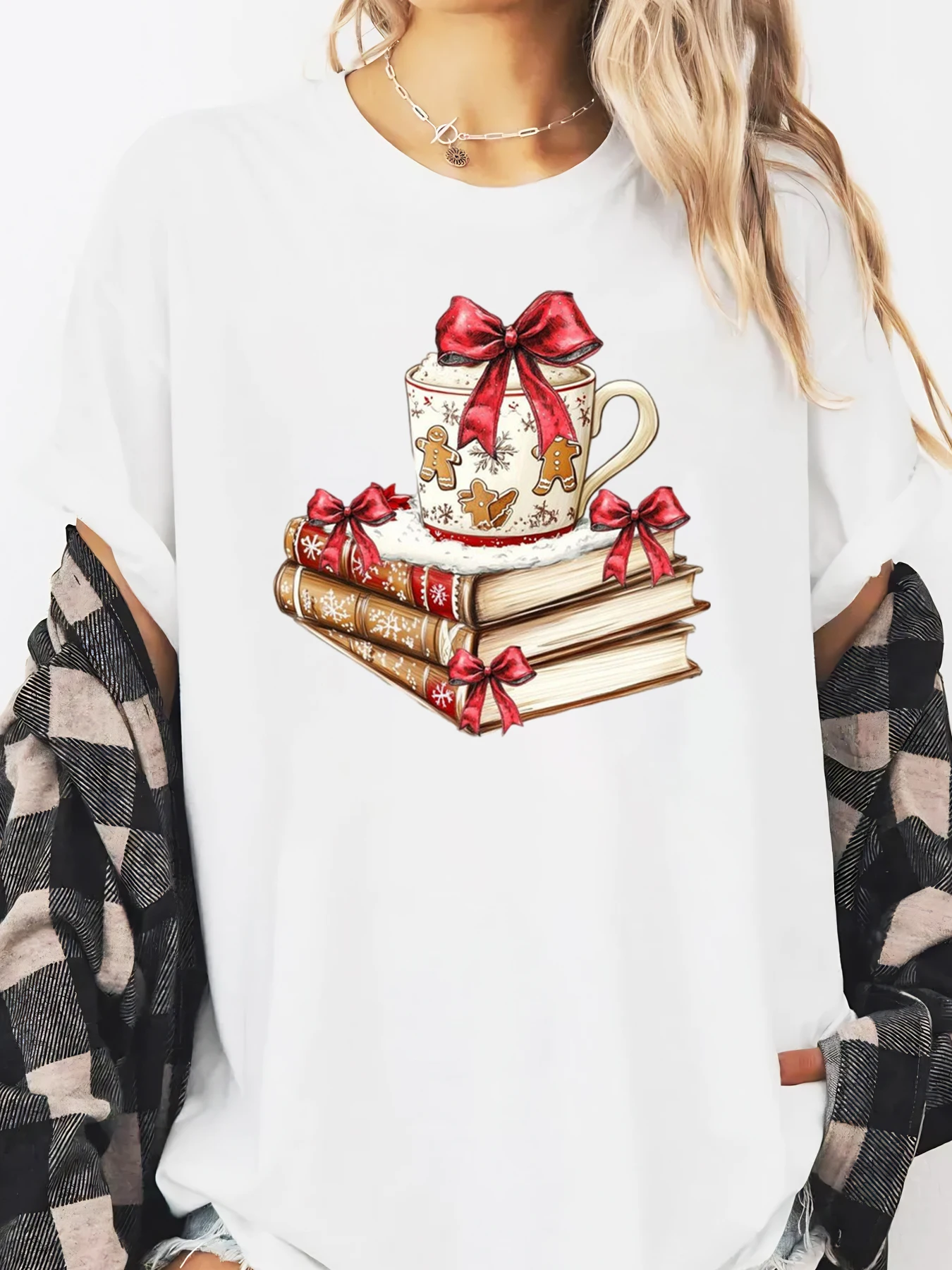 크리스마스 컵과 책 프린트 홀리데이 긴 소매 티셔츠 여성 아늑한 홈웨어 화이트 플러스 사이즈