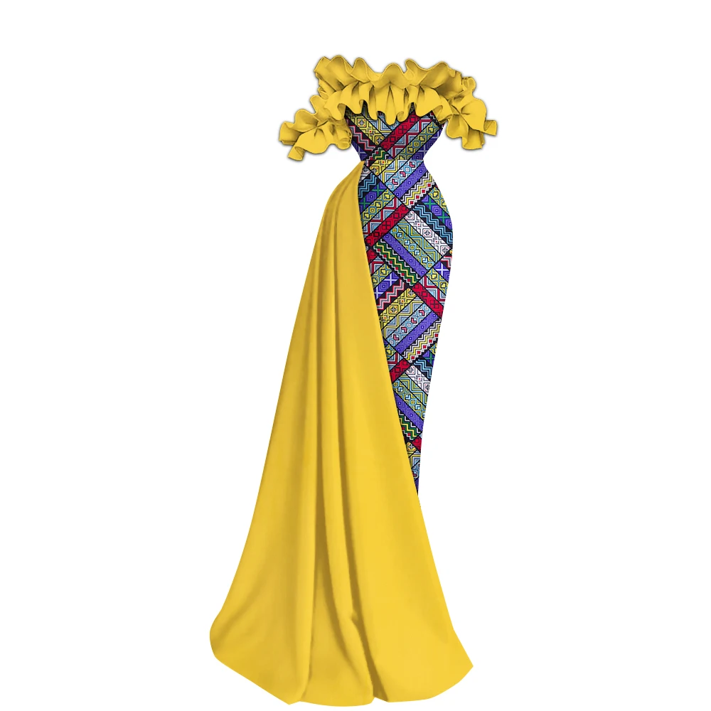African Clothes Women Wedding One Word Collar Off Shoulder Dashiki Print Long Dresses for Elegant Lady Party Vestidos WY9818