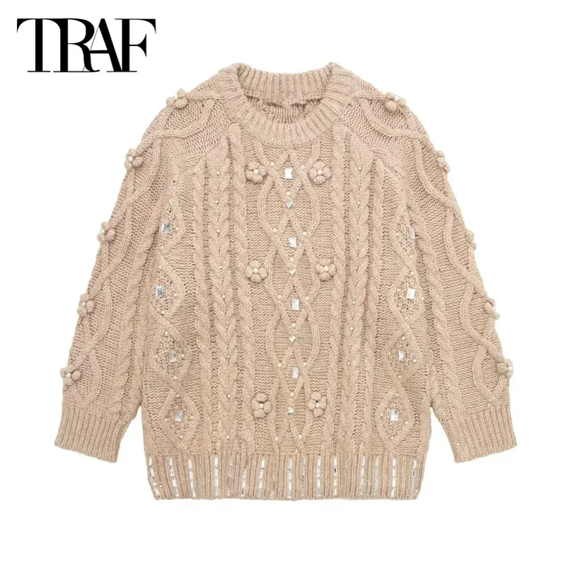 TRAF Autumn Winter Women's Rhinestone Knitted Sweater 2024 Long Sleeve Sweater Pullovers Tops Khaki Floral Oversized Knitwears