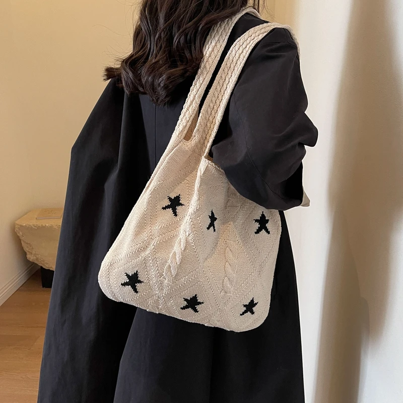 Star Knit Women's Bag New Y2K Knitted Eco Bag Korean Shopping Crochet Rope Shoulder Bag Female Knitting Handbag Sweet Tote Bag