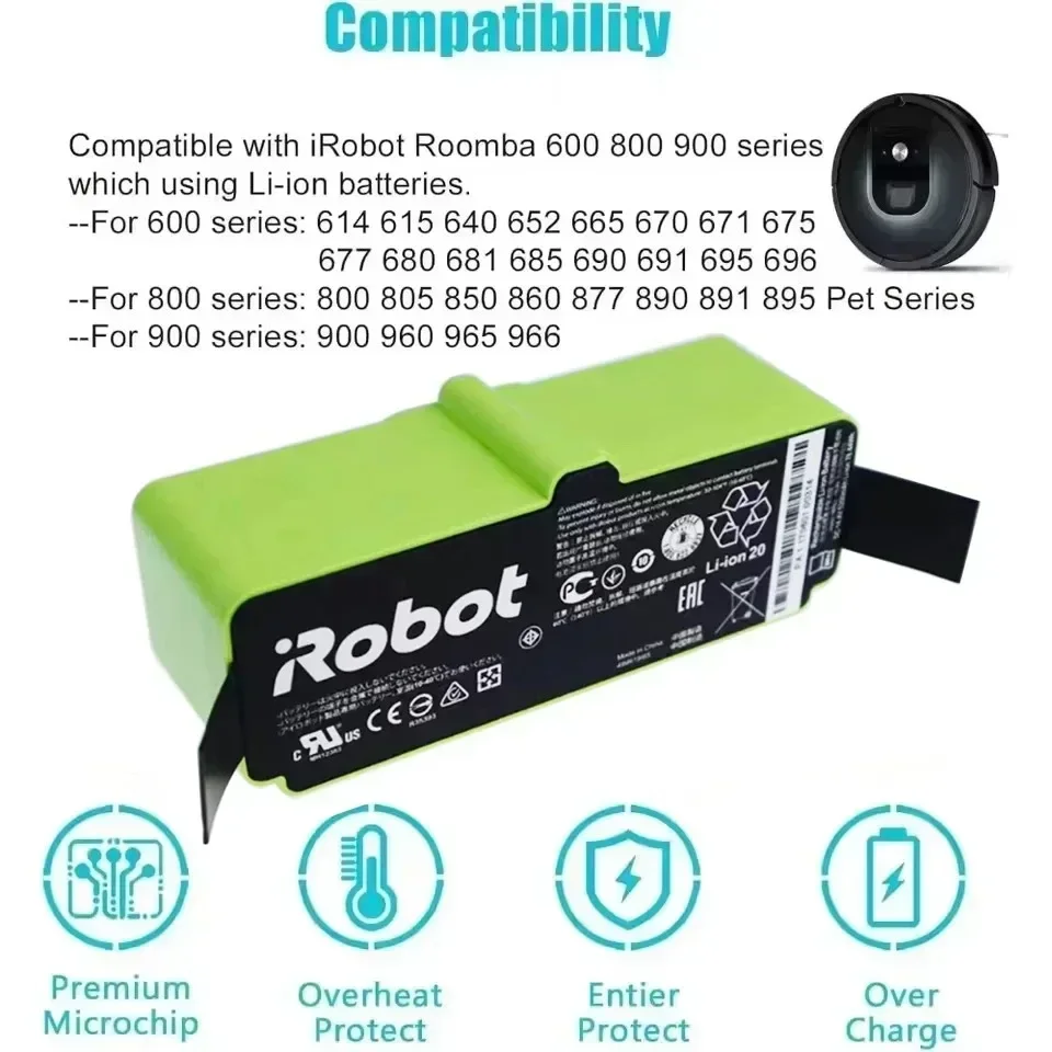 

Литий-ионный аккумулятор 3800 14,4 В для iRobot Roomba Cleaner 900 800 700 600 серии 960 980 981 965 895 890 860 695 692 690 680 675