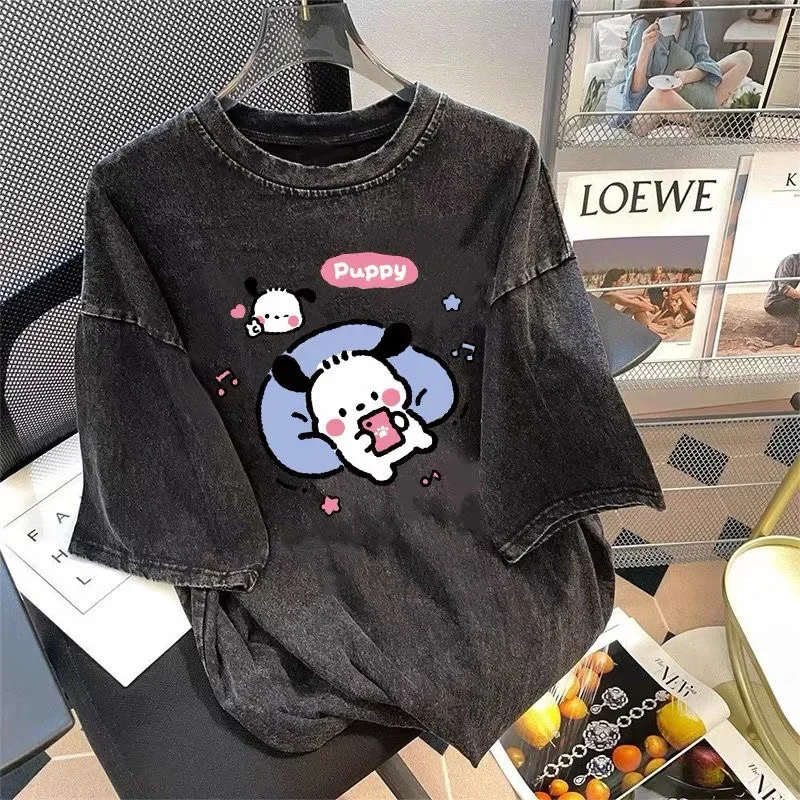 Sanrio Kuromi Japanese Summer Washed Old Kuromi Short Sleeved T-shirt Men Women  Oversized T Shirt Loose Tops 2024 New Harajuku