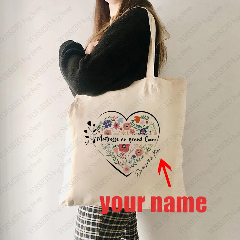 Personalized Floral Teacher Appreciation Canvas Bag with Custom Name - Shopping Bag Gift Educators End of School Year Presents