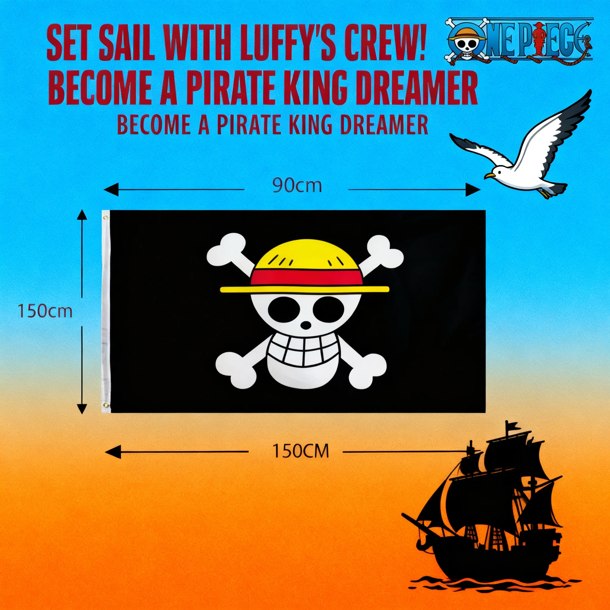 One Piece Luffy Straw Hat Pirates Skull Flag Banner Wall Painting Decor Gift for Home Bedroom Boys Girls Children Toys - view 5