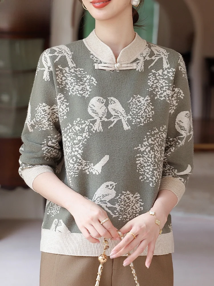 

Новая китайская вязаная кофта с длинным рукавом для мам, осенняя женская модная свободная кофта с круглым вырезом для женщин среднего возраста