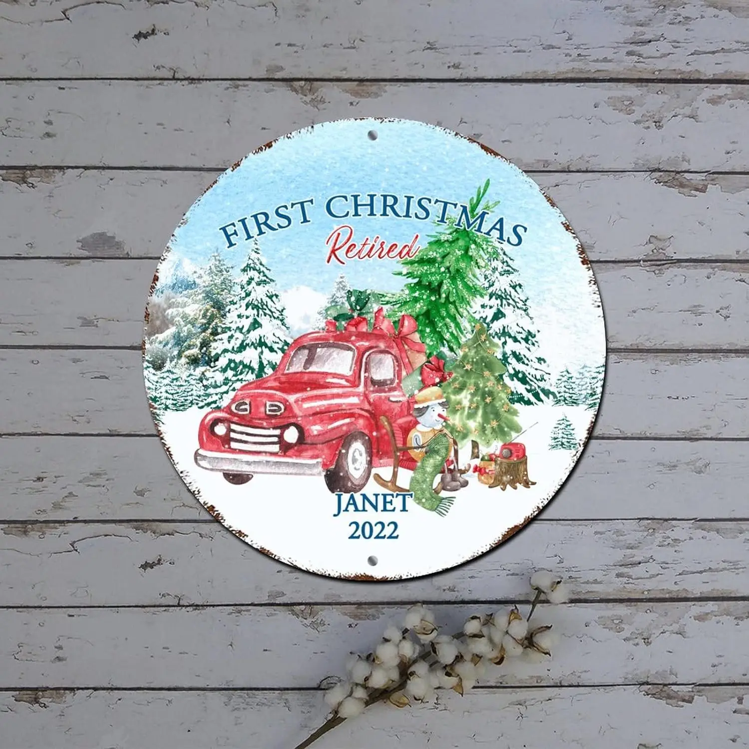 Merry Christmas Sign First Christmas Retired Custom Name Red Truck Winter Scene Round Metal Tin Sign Christmas Door Decor Shabby