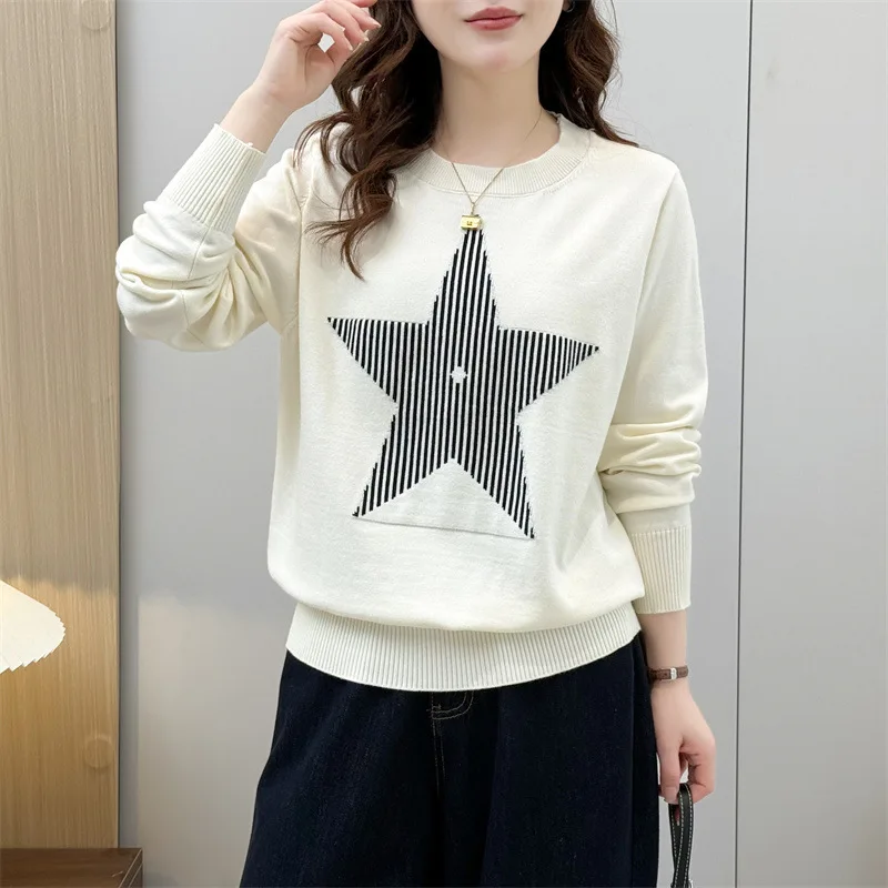 

Женский свитер больших размеров XXXXL, модный, весна 2026, с круглым вырезом, жаккардовым узором в виде звезд, длинными рукавами, вязаный пуловер 1413